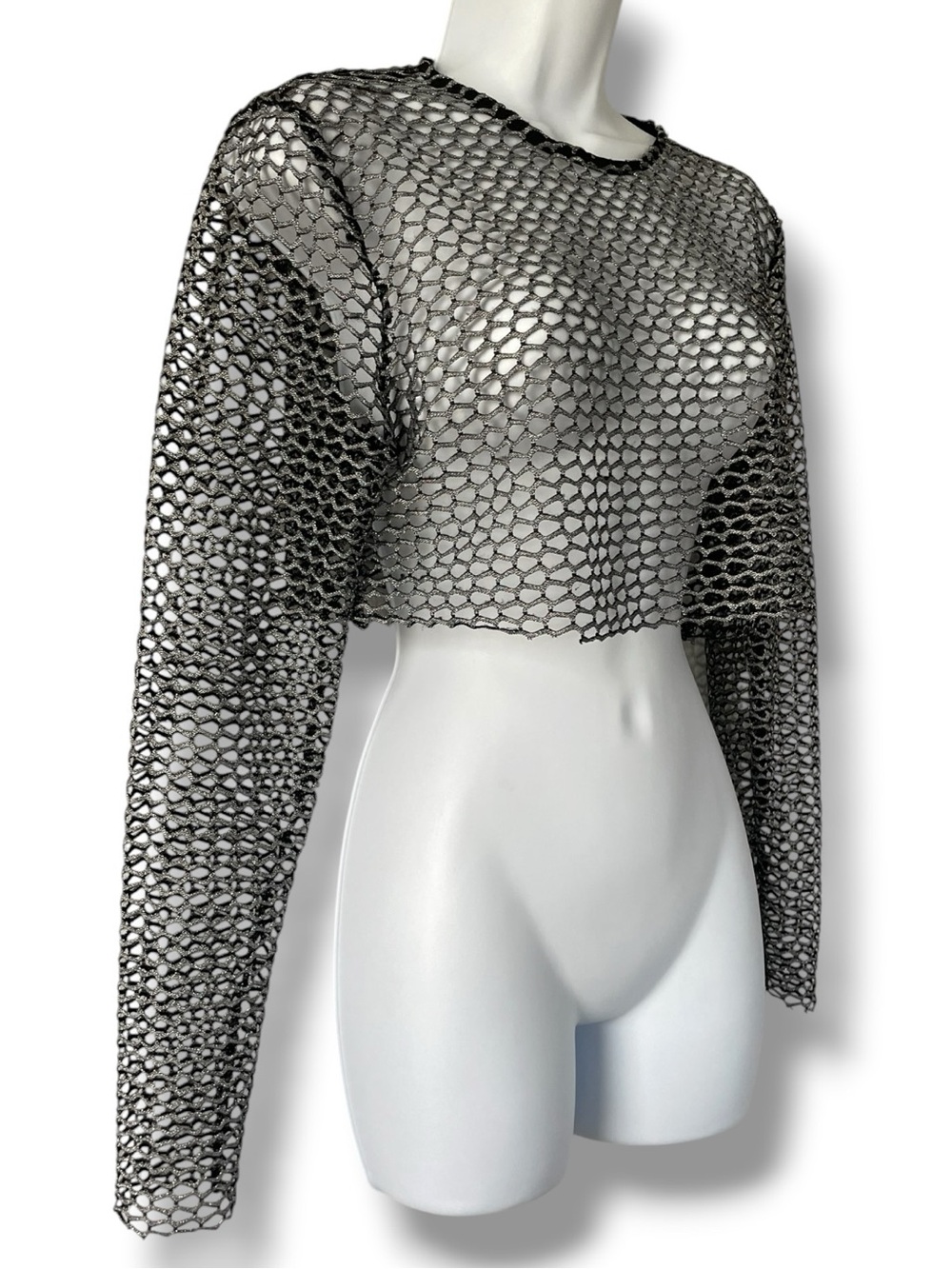 Black Metallic Fishnet Mesh Crop Top Festival Goth Grunge XL - YMI Collections